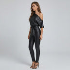 Women's Luxe Off-Shoulder Leather Bodysuit Jumpsuit