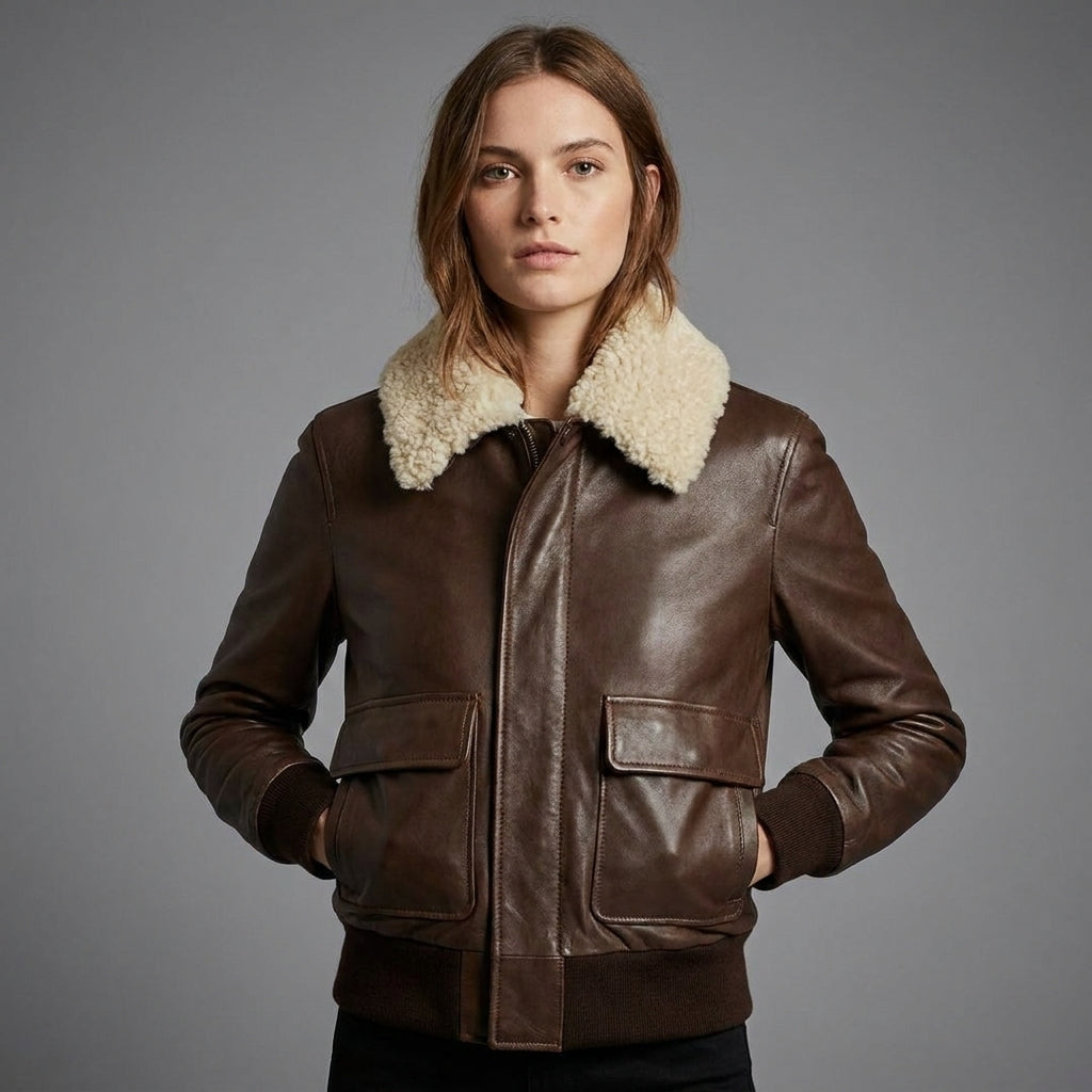 Women’s Luxe Shearling Aviator Sheepskin Bomber Jacket