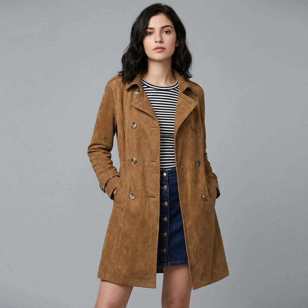 Women’s Luxe Suede Belted Double-Breasted Trench Coat