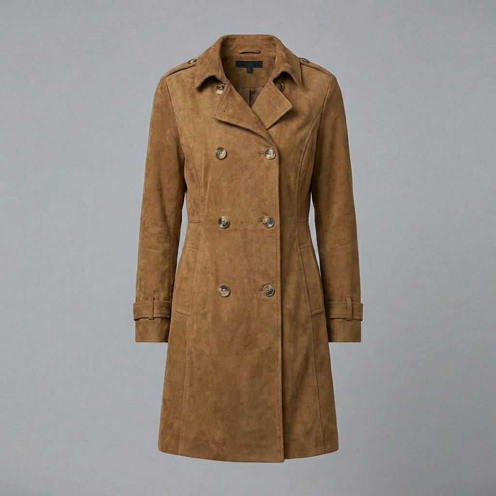 Women’s Luxe Suede Belted Double-Breasted Trench Coat