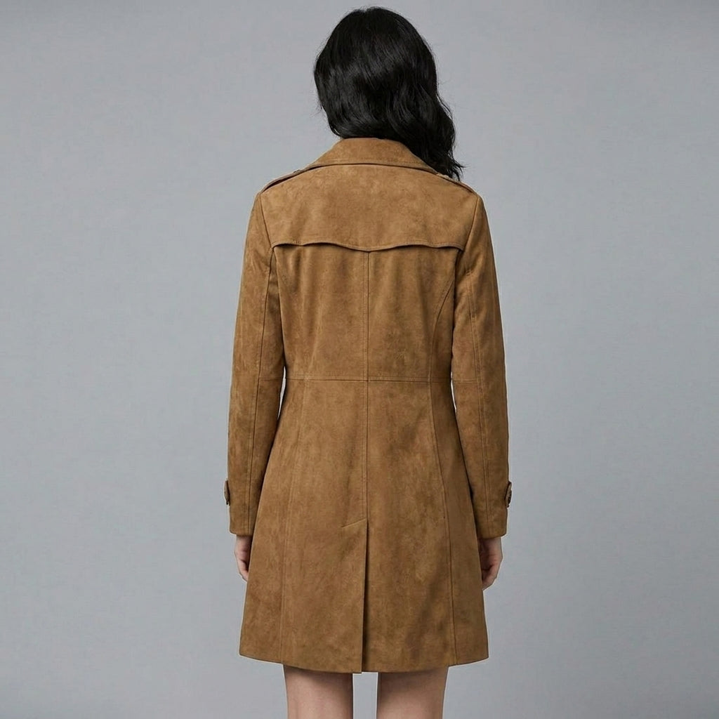 Women’s Luxe Suede Belted Double-Breasted Trench Coat