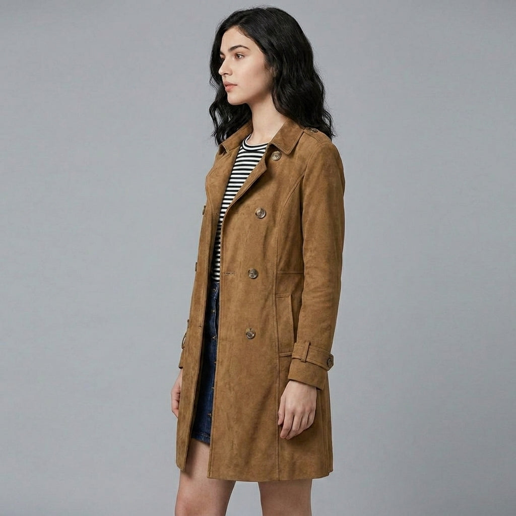 Women’s Luxe Suede Belted Double-Breasted Trench Coat