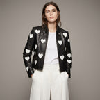 Women’s Maje Heart-Embellished Leather Motorcycle Biker Jacket