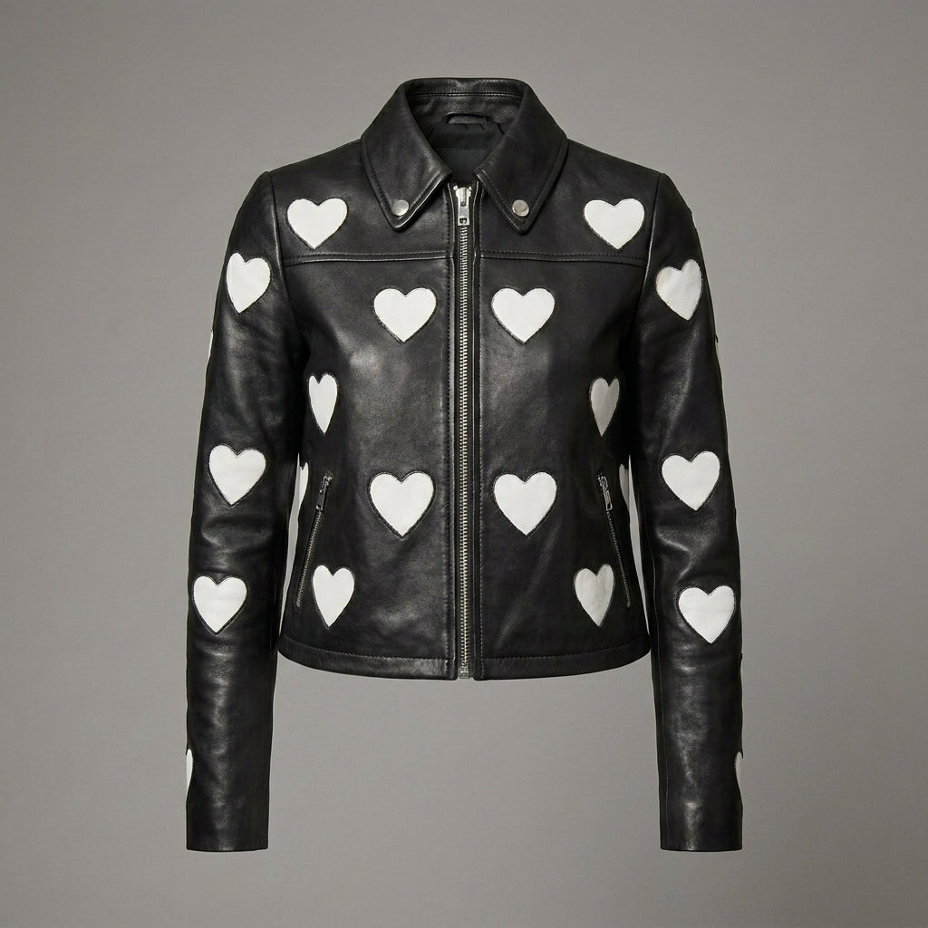 Women’s Maje Heart-Embellished Leather Motorcycle Biker Jacket