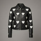 Women’s Maje Heart-Embellished Leather Motorcycle Biker Jacket