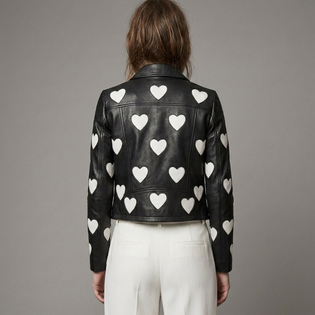 Women’s Maje Heart-Embellished Leather Motorcycle Biker Jacket