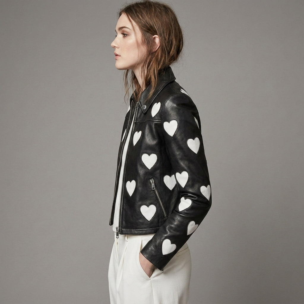 Women’s Maje Heart-Embellished Leather Motorcycle Biker Jacket