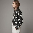Women’s Maje Heart-Embellished Leather Motorcycle Biker Jacket