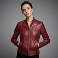 Women’s Maroon Lambskin Leather Moto Biker Jacket