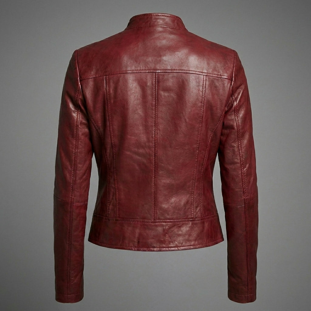 Women’s Maroon Lambskin Leather Moto Biker Jacket