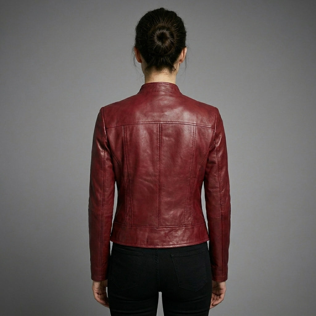 Women’s Maroon Lambskin Leather Moto Biker Jacket
