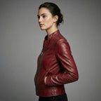 Women’s Maroon Lambskin Leather Moto Biker Jacket