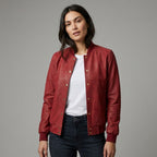 Women’s Maroon Luxe Bomber Jacket with Gold Snap Buttons