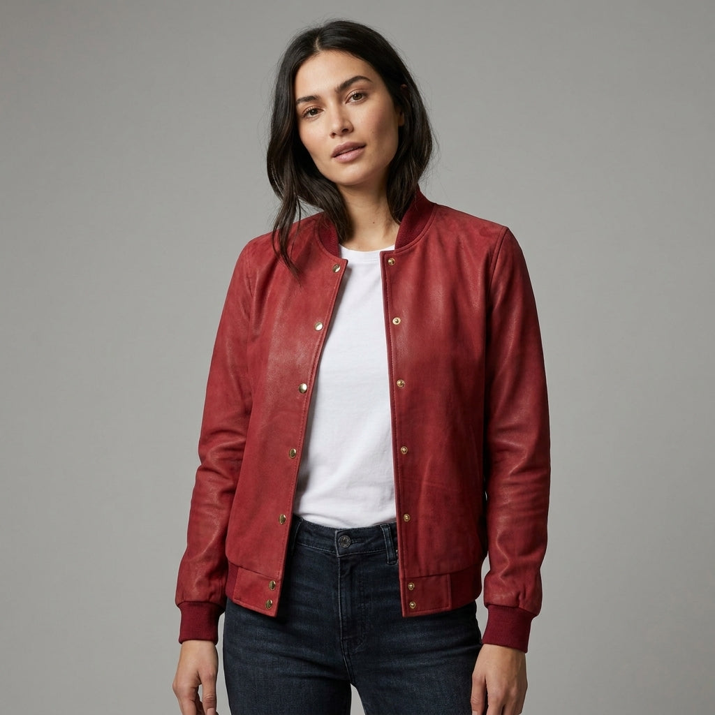 Women’s Maroon Luxe Bomber Jacket with Gold Snap Buttons