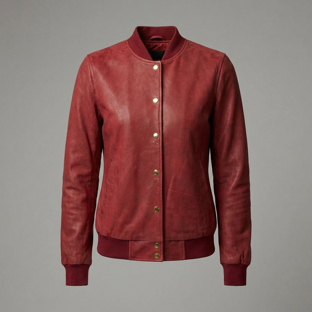 Women’s Maroon Luxe Bomber Jacket with Gold Snap Buttons