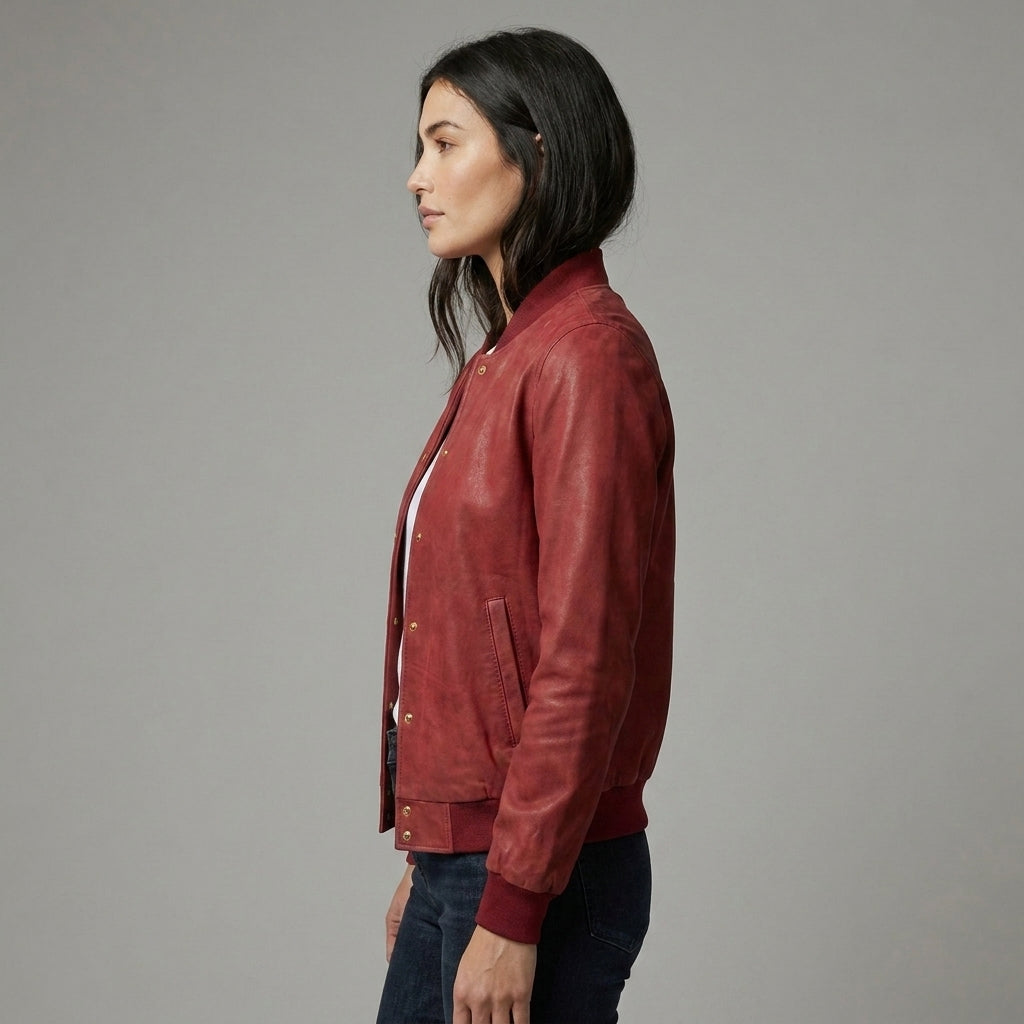 Women’s Maroon Luxe Bomber Jacket with Gold Snap Buttons