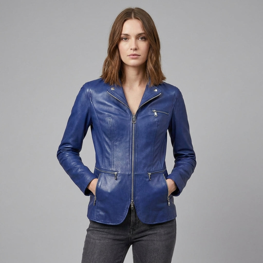 Women’s Midnight Blue Leather Blazer Jacket