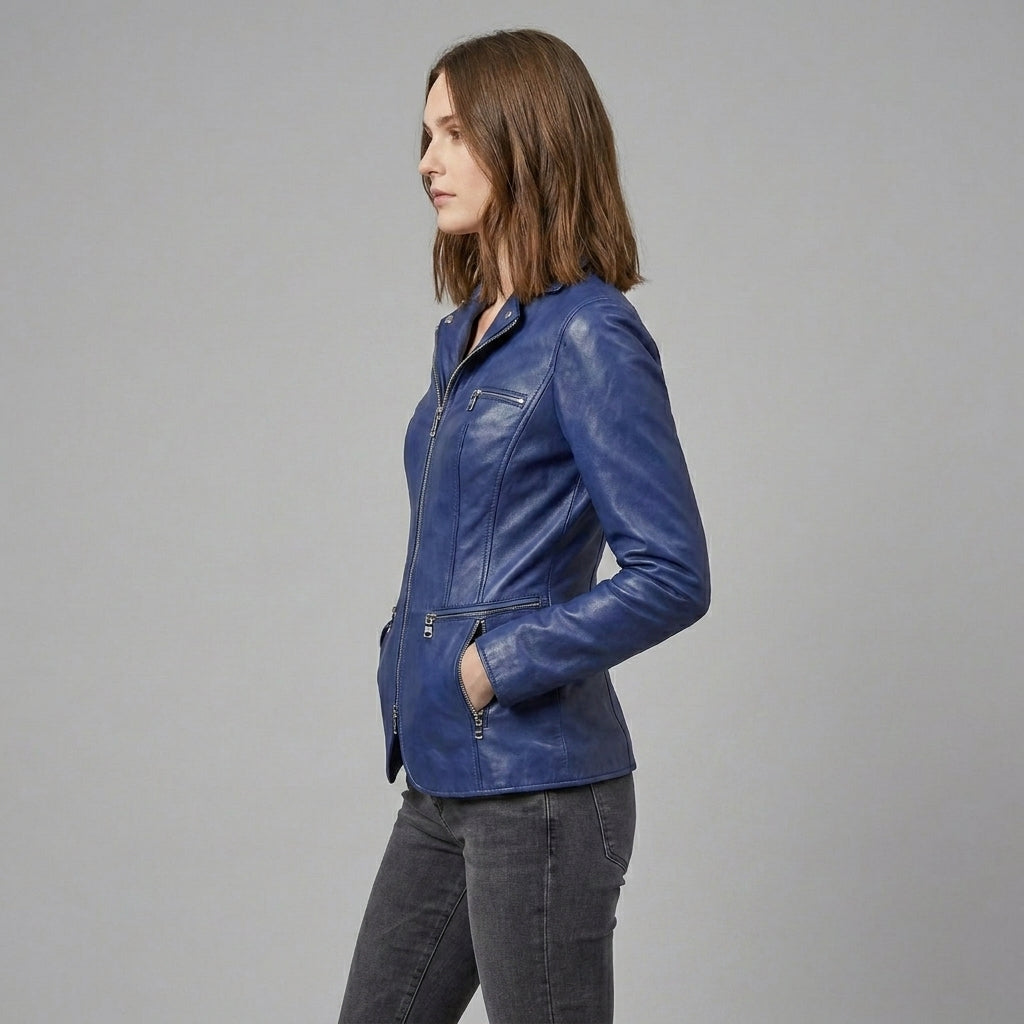 Women’s Midnight Blue Leather Blazer Jacket