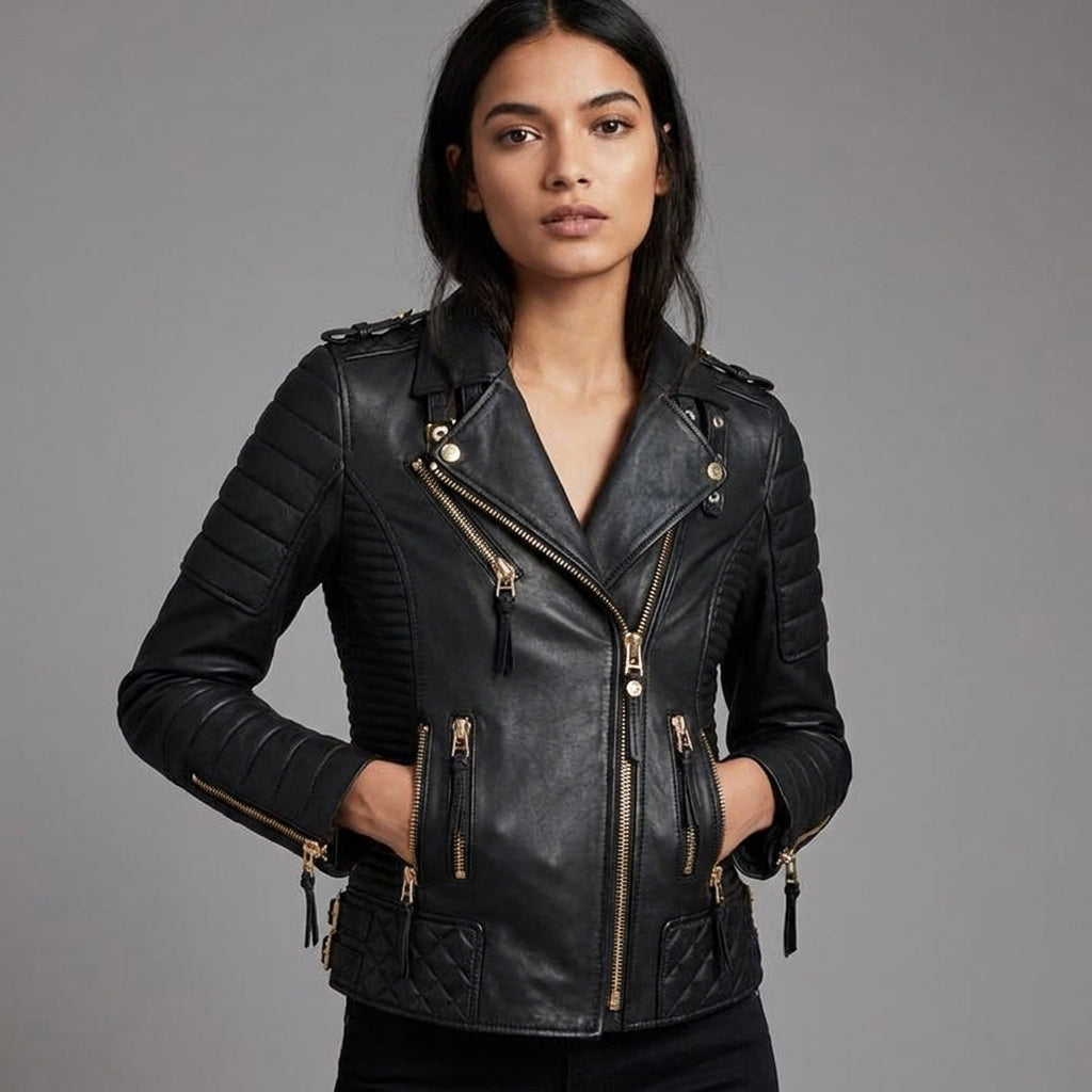 Women’s Midnight Gold Black Moto Leather Jacket