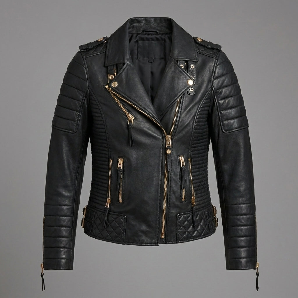 Women’s Midnight Gold Black Moto Leather Jacket