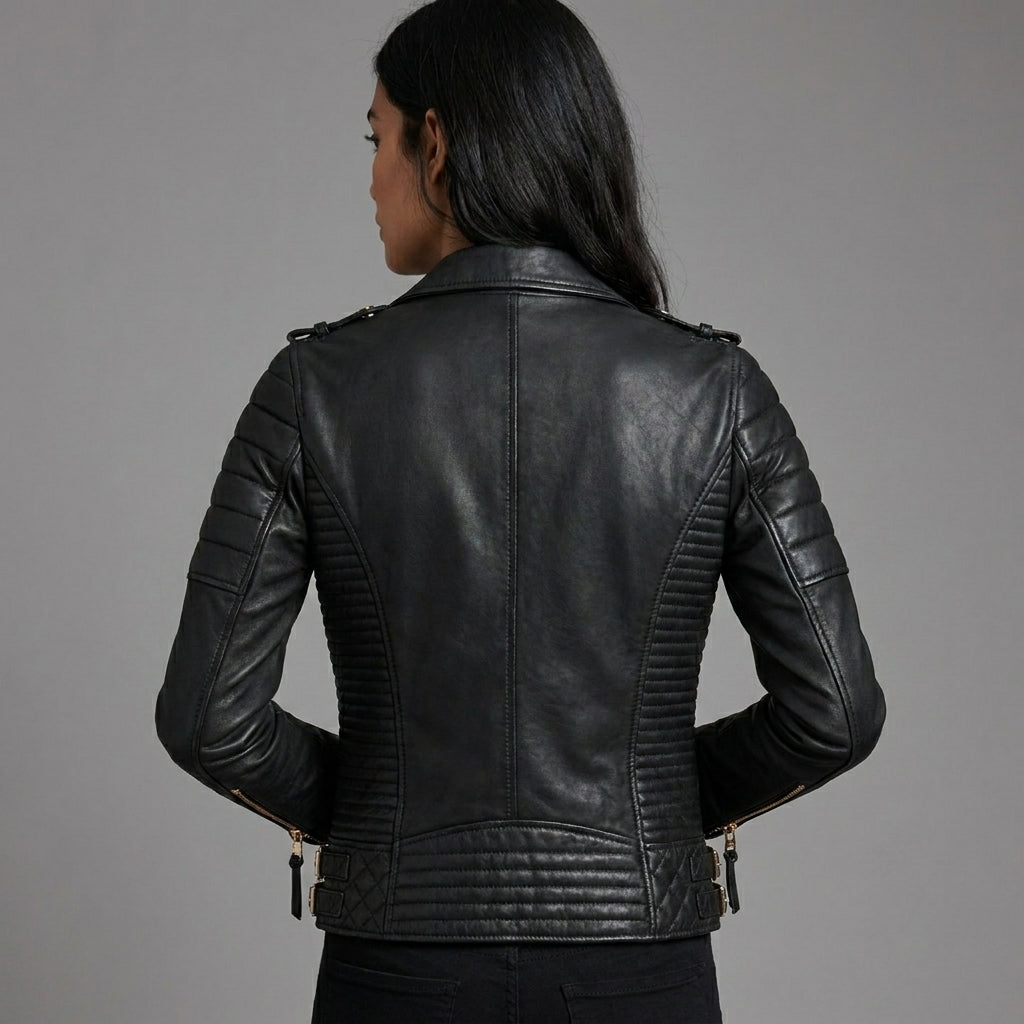 Women’s Midnight Gold Black Moto Leather Jacket