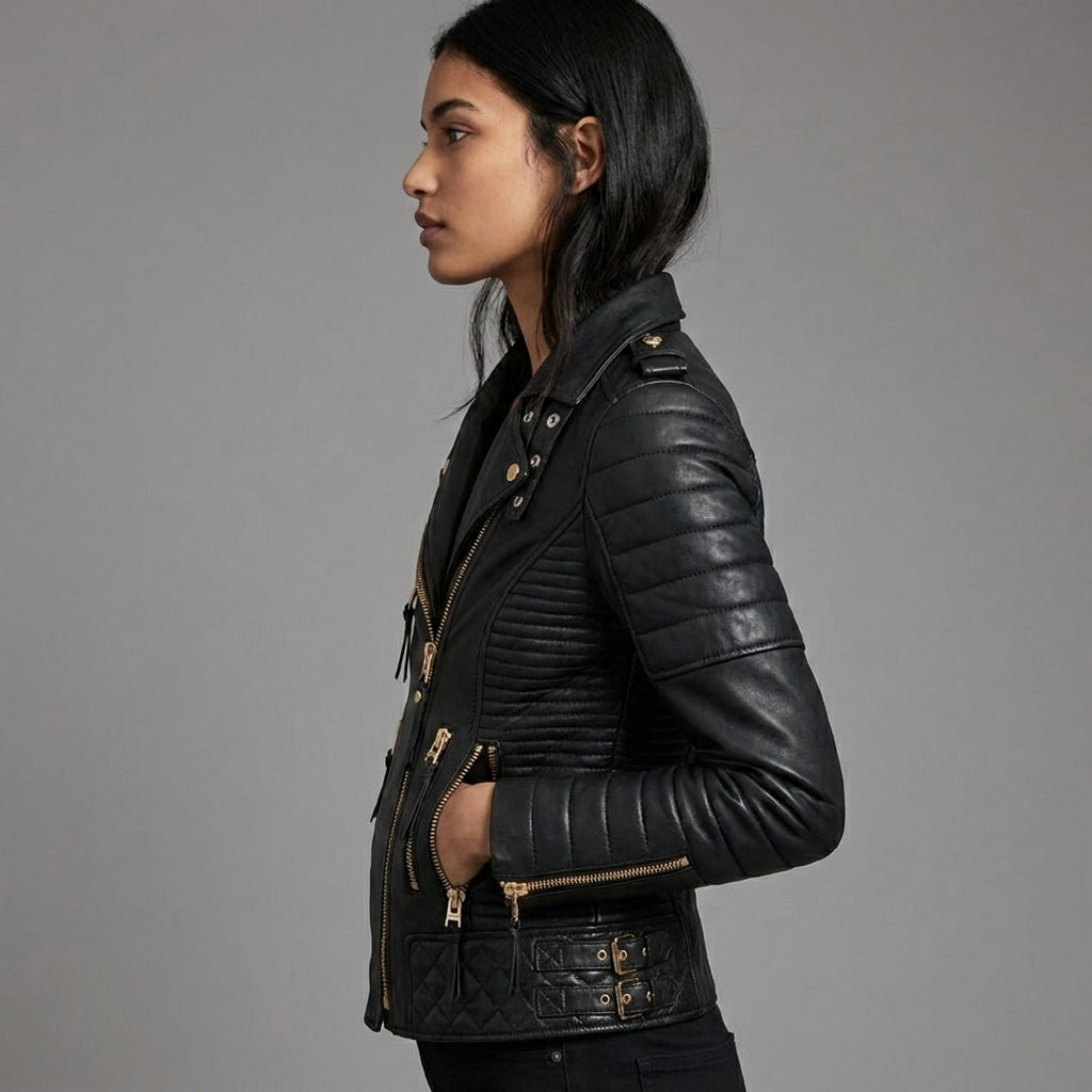 Women’s Midnight Gold Black Moto Leather Jacket