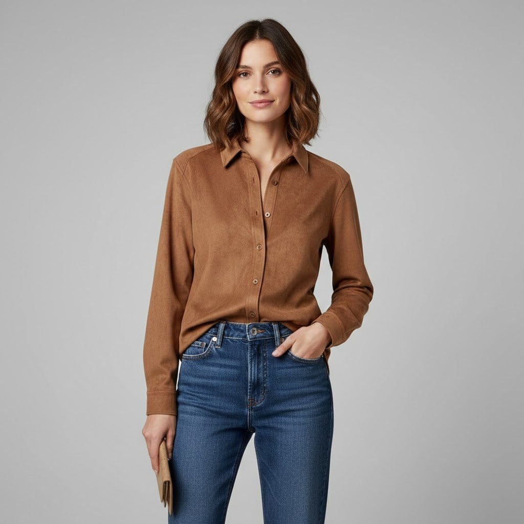 Women’s Mocha Faux Suede Button-Down Shirt Jacket