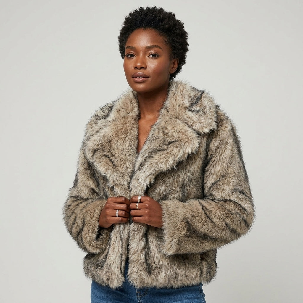 Women's Natural Brown Faux Fur Button-Up Jacket
