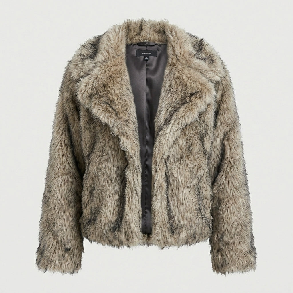 Women's Natural Brown Faux Fur Button-Up Jacket