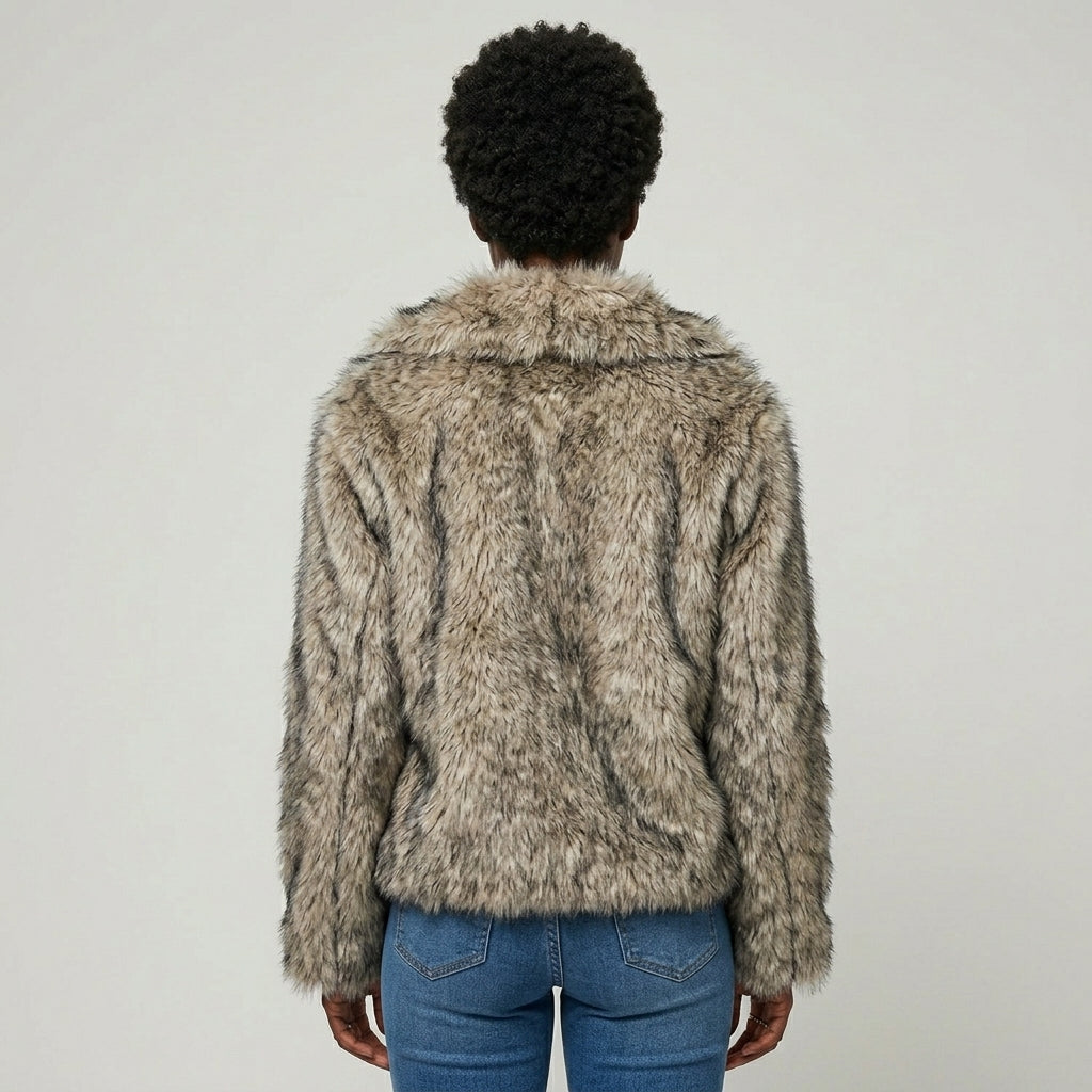 Women's Natural Brown Faux Fur Button-Up Jacket