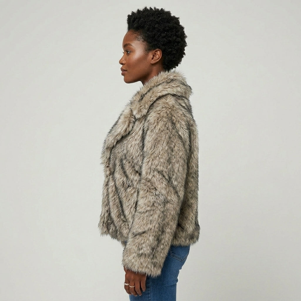 Women's Natural Brown Faux Fur Button-Up Jacket