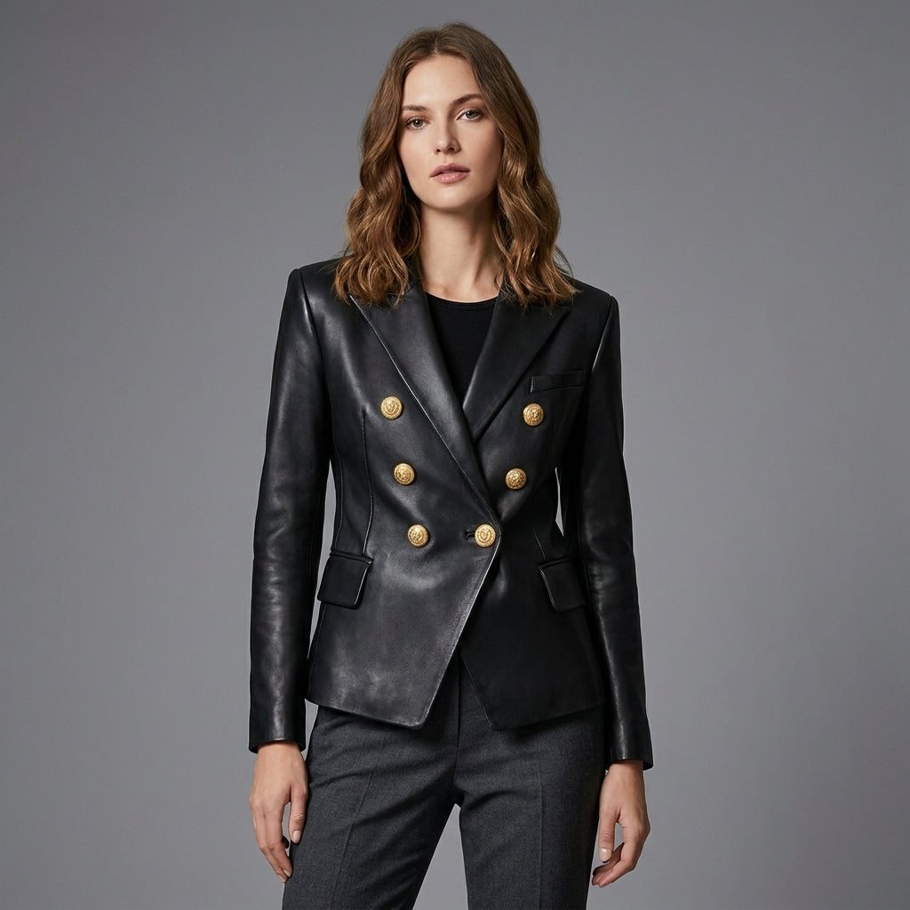 Women’s Noir Gold-Button Sheepskin Leather Blazer
