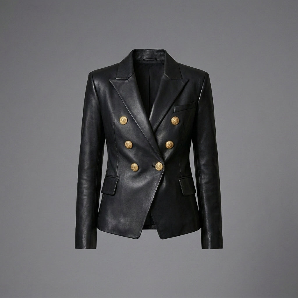 Women’s Noir Gold-Button Sheepskin Leather Blazer
