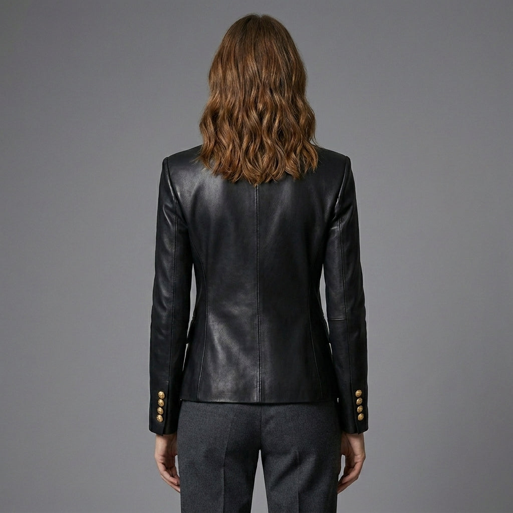 Women’s Noir Gold-Button Sheepskin Leather Blazer