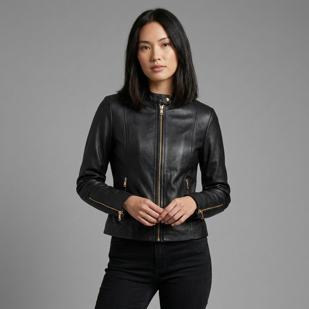 Women’s Noir Gold Zip Slim Fit Leather Biker Jacket