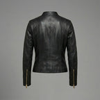 Women’s Noir Gold Zip Slim Fit Leather Biker Jacket