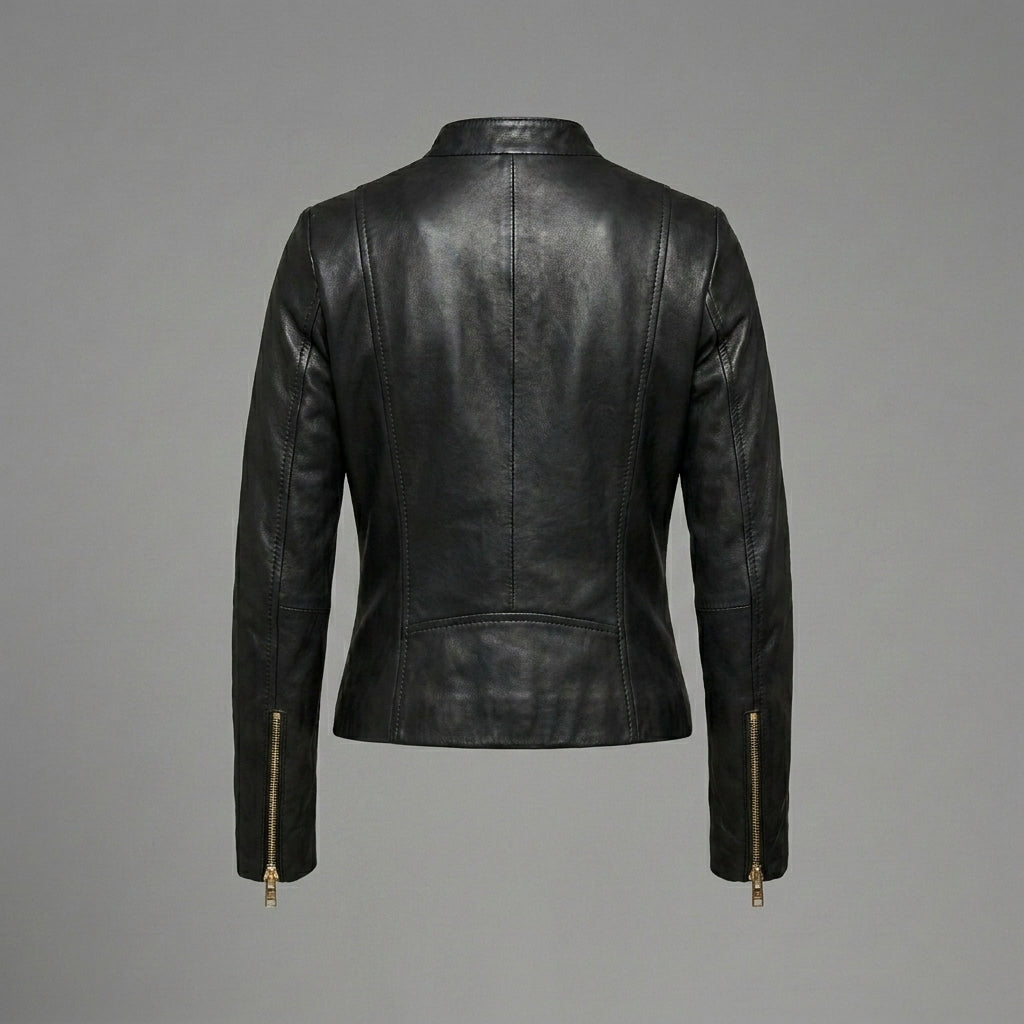 Women’s Noir Gold Zip Slim Fit Leather Biker Jacket