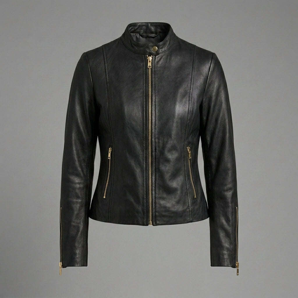 Women’s Noir Gold Zip Slim Fit Leather Biker Jacket
