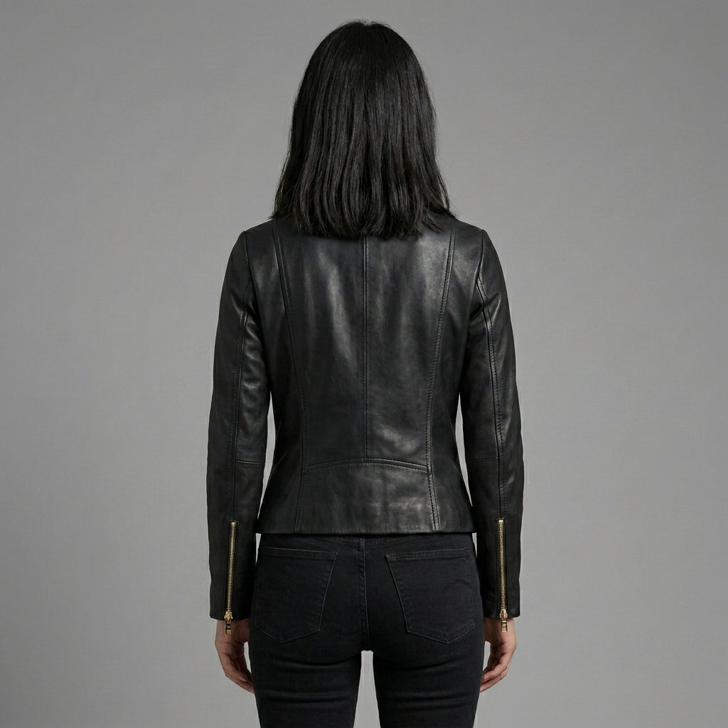 Women’s Noir Gold Zip Slim Fit Leather Biker Jacket