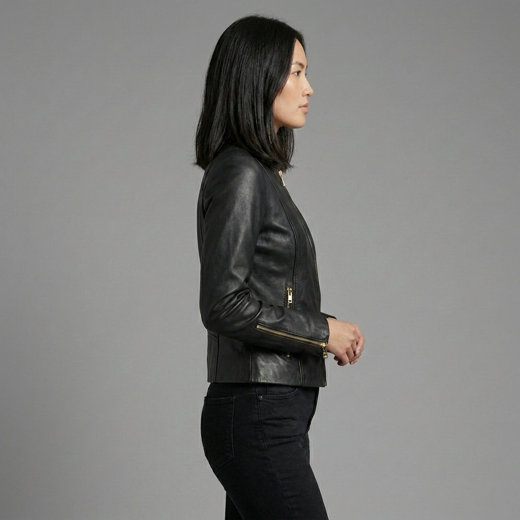 Women’s Noir Gold Zip Slim Fit Leather Biker Jacket