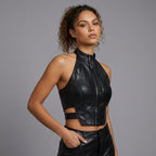 Women's Noir Sheepskin Leather Halter Crop Top