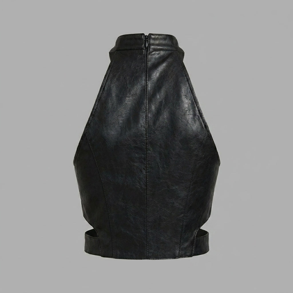 Women's Noir Sheepskin Leather Halter Crop Top