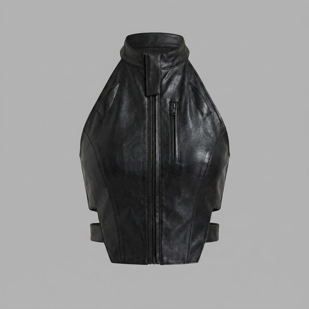 Women's Noir Sheepskin Leather Halter Crop Top
