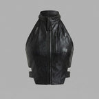 Women's Noir Sheepskin Leather Halter Crop Top