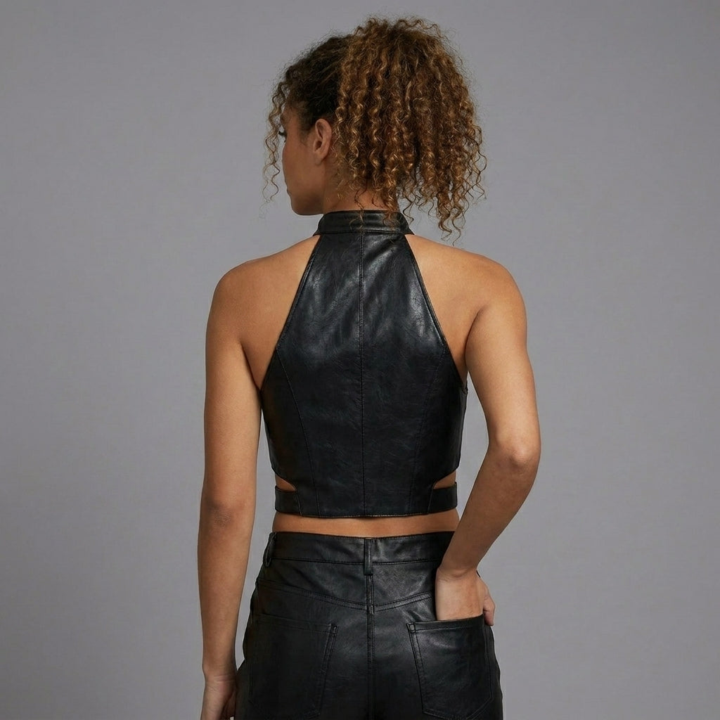 Women's Noir Sheepskin Leather Halter Crop Top