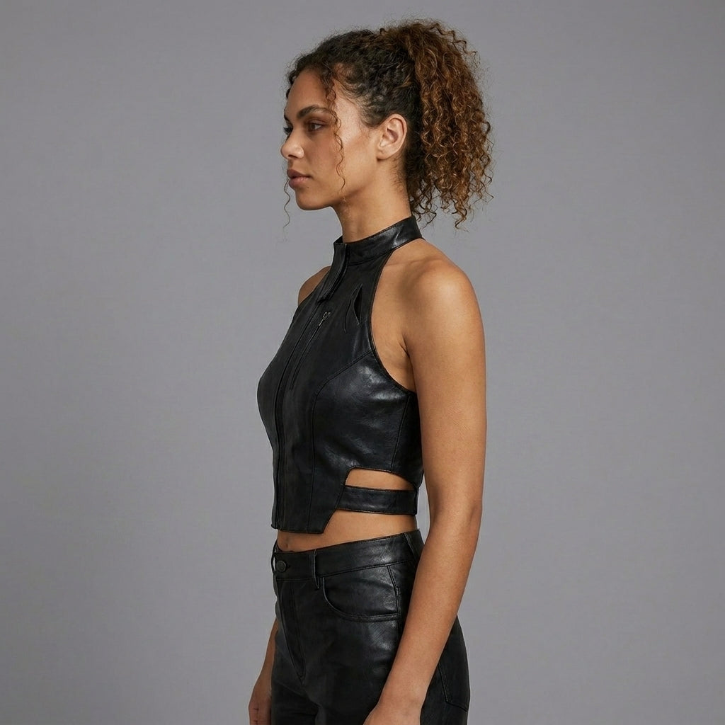 Women's Noir Sheepskin Leather Halter Crop Top