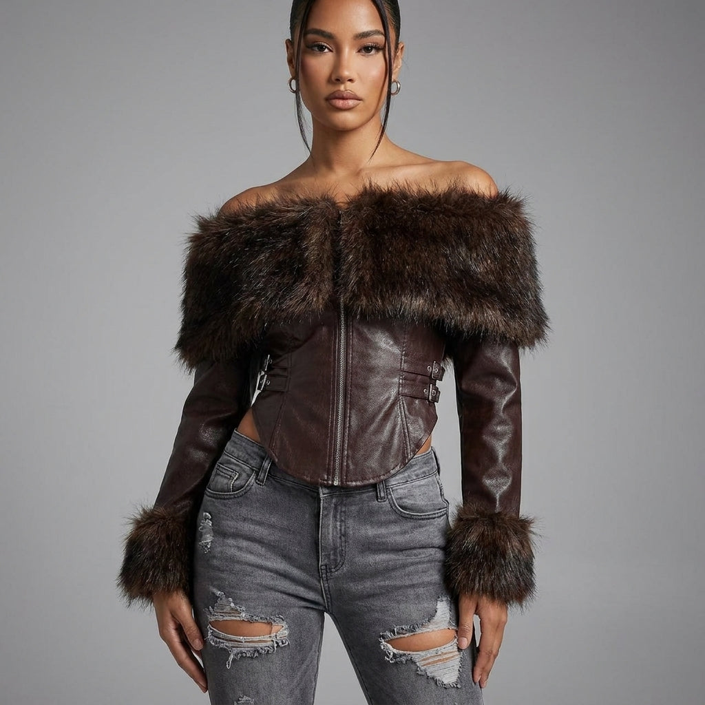Women's Off-Shoulder Lambskin Corset Leather Jacket