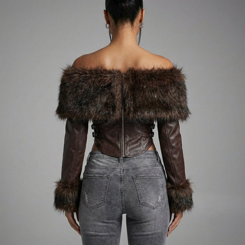 Women's Off-Shoulder Lambskin Corset Leather Jacket