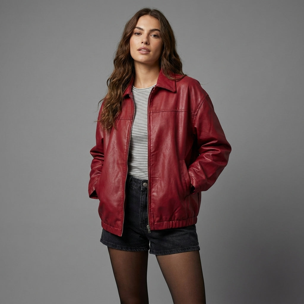 Women’s Oversized Red Leather Bomber Jacket