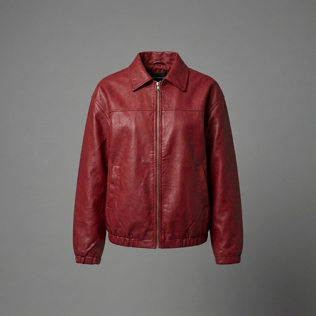 Women’s Oversized Red Leather Bomber Jacket